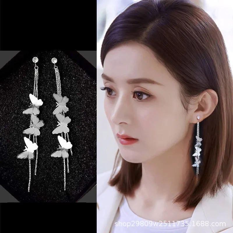Women’s Silver Three Butterfly Drop Earrings – Inlay Alloy Design | THRILL