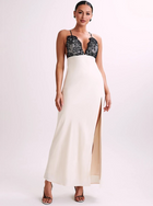 Women’s Satin Lace V-Neck Backless Slit Evening Dress – Elegant & Chic | THRILL