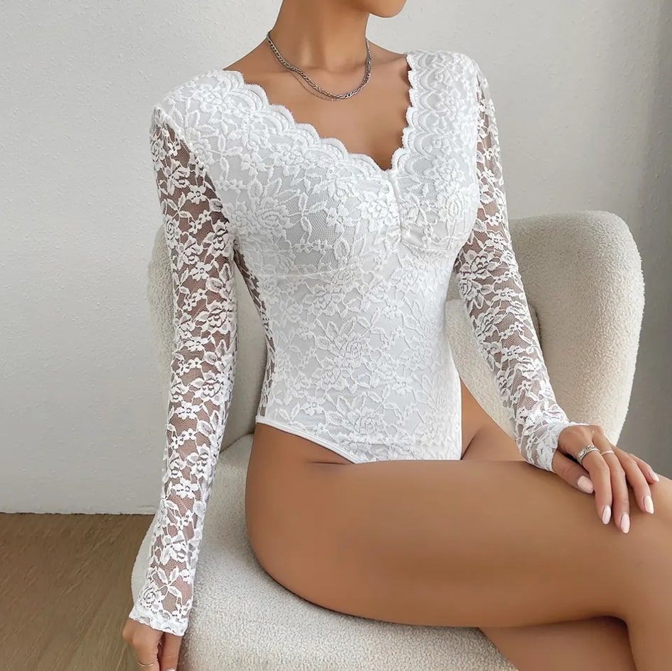 Women’s Lace Bodysuit – V Neck Embroidered One-Piece | THRILL