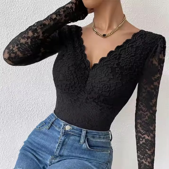 Women’s Lace Bodysuit – V Neck Embroidered One-Piece | THRILL