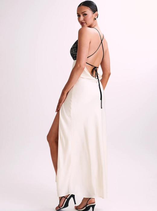 Women’s Satin Lace V-Neck Backless Slit Evening Dress – Elegant & Chic | THRILL