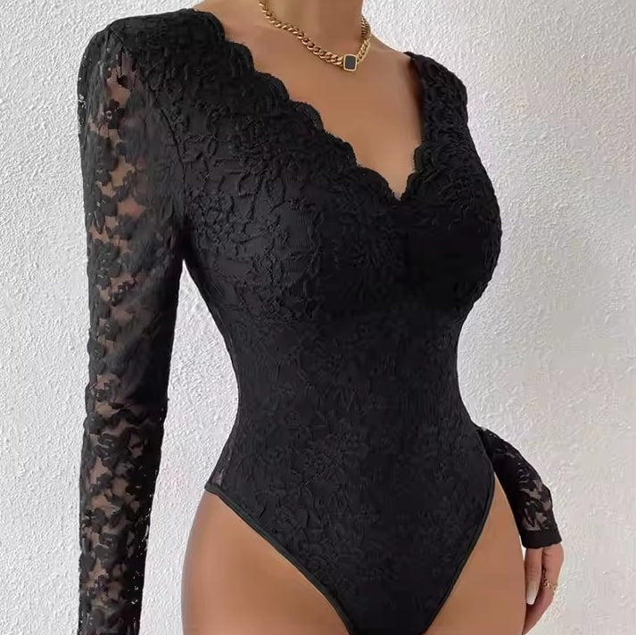 Women’s Lace Bodysuit – V Neck Embroidered One-Piece | THRILL