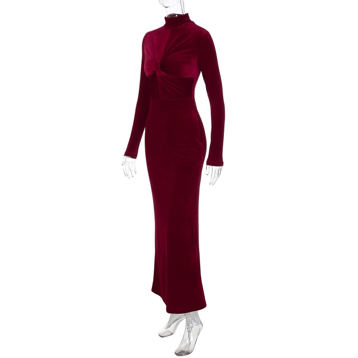 Women’s Velvet Stand-Up Collar Long Sleeve Ruched Long Dress – Elegant | THRILL
