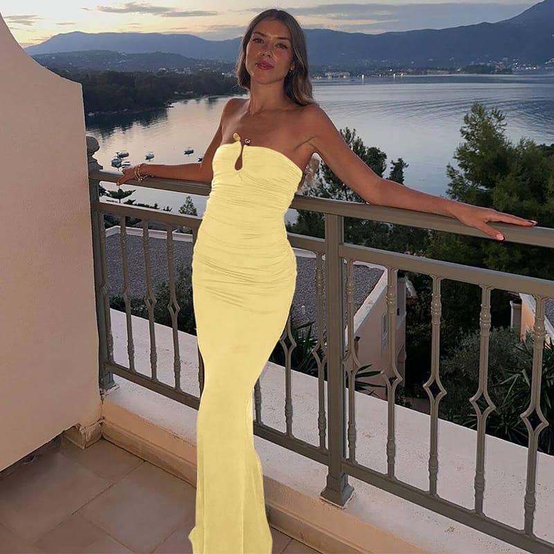 Women’s Strapless Ruched Hollow Out Bodycon Long Dress – Chic & Elegant | THRILL
