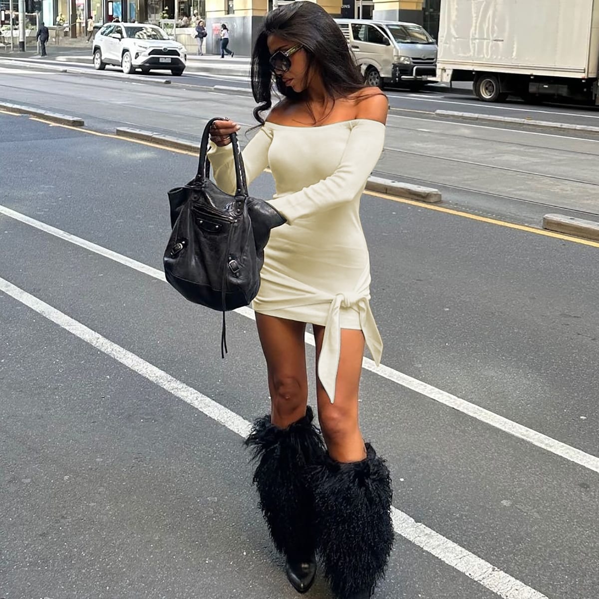 Women’s Off-Shoulder Knitted Long Sleeve Mini Dress – Chic & Cozy | THRILL