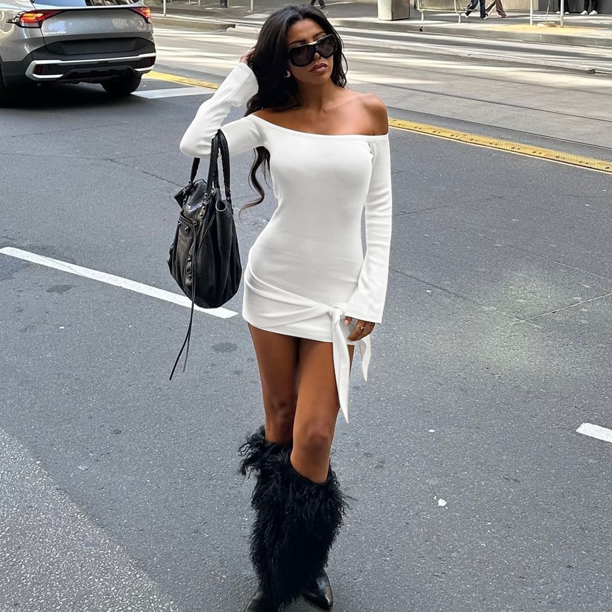 Women’s Off-Shoulder Knitted Long Sleeve Mini Dress – Chic & Cozy | THRILL
