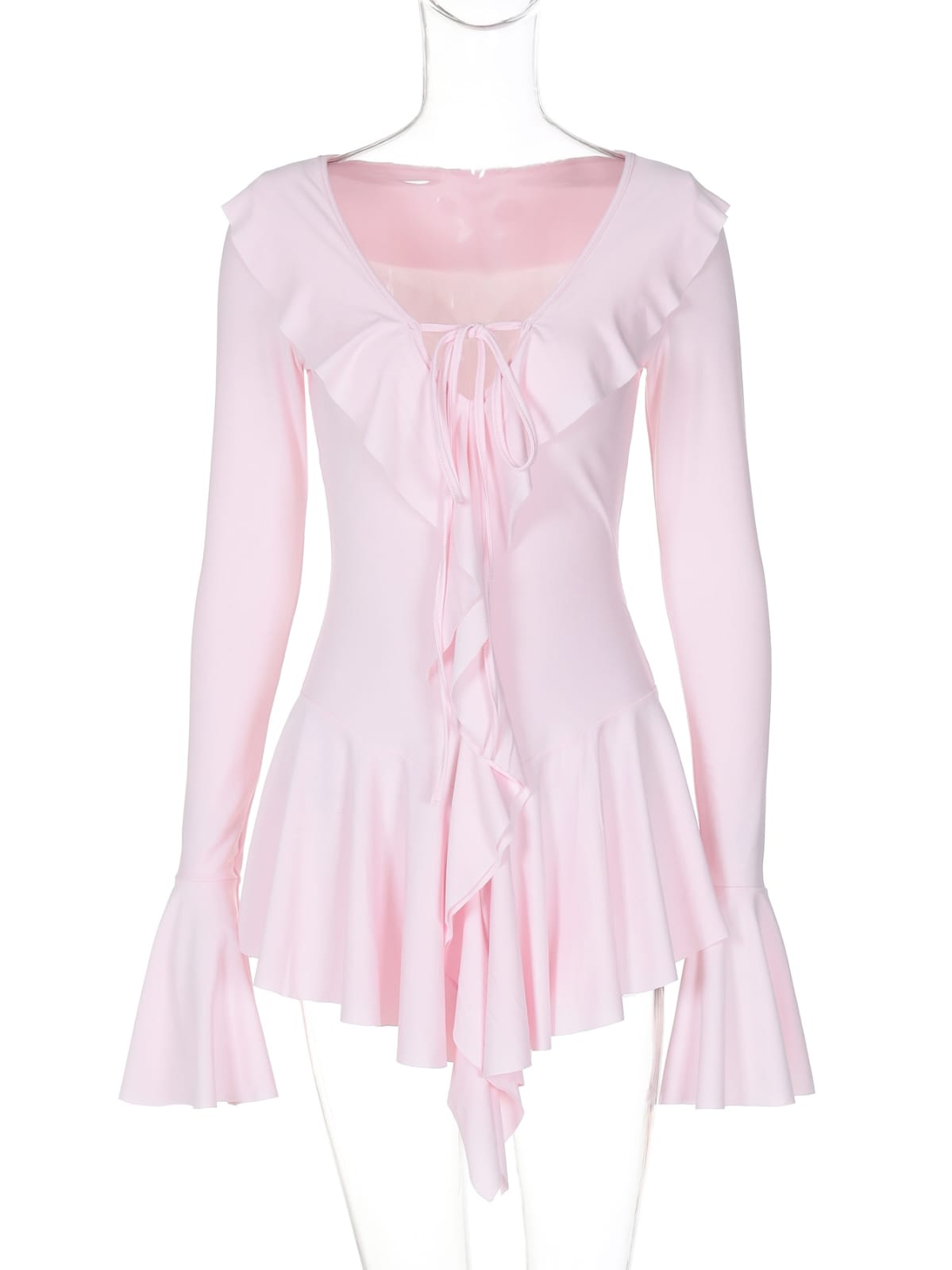 Women’s Ruffled Lace-Up V-Neck Long Sleeve Short Dress – Elegant & Chic | THRILL