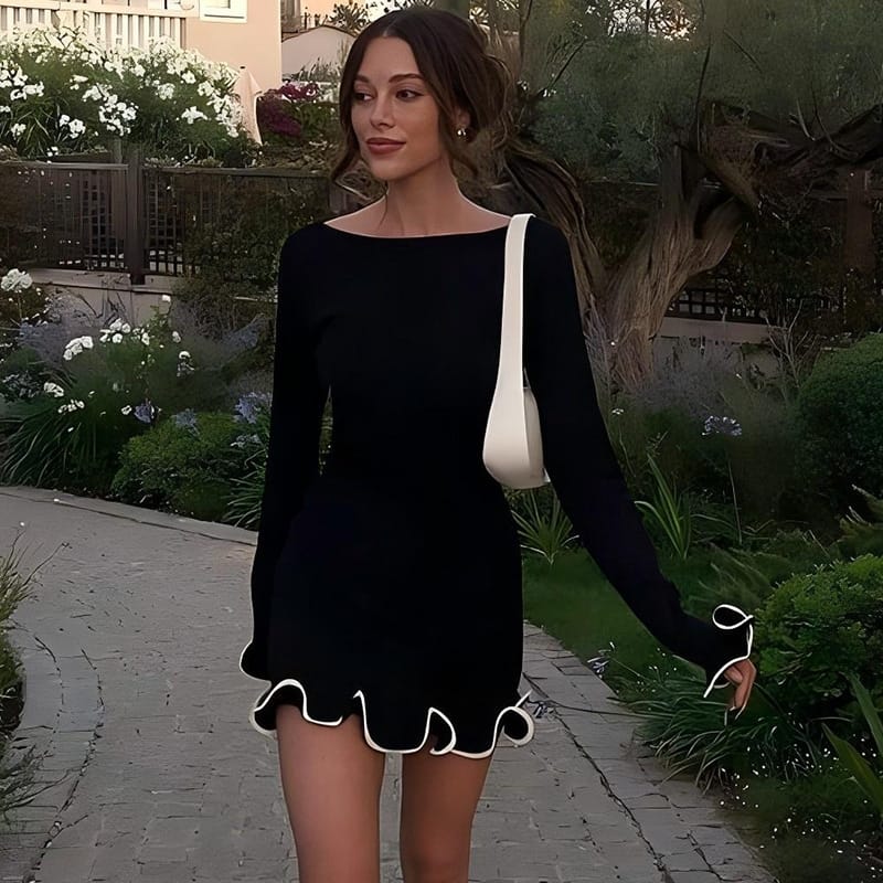 Women’s Ruffled Long Sleeve Ribbed Knit O-Neck Short Dress – Chic & Cozy | THRILL