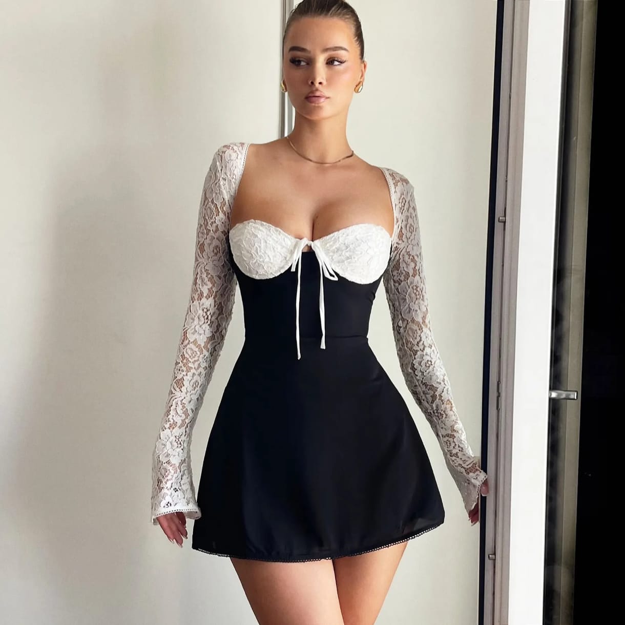 Women’s Satin Black Long Sleeve Lace-Up Short Dress – Chic & Elegant | THRILL