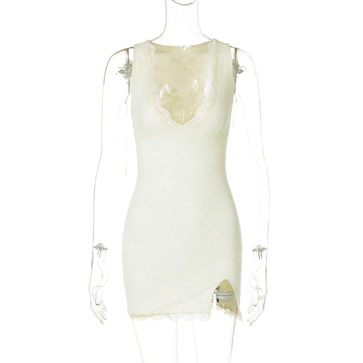 Women’s Slit V-Neck Lace Sleeveless Bodycon Mini Dress – Elegant & Chic | THRILL