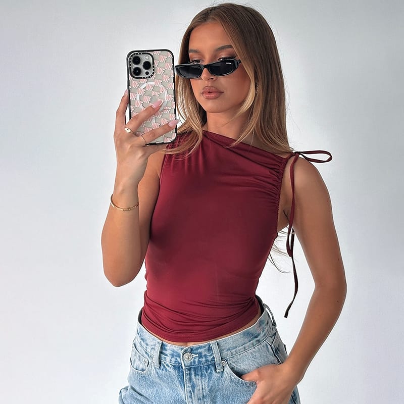 Women’s Drawstring Sleeveless Slim Top – Solid Casual Style | THRILL