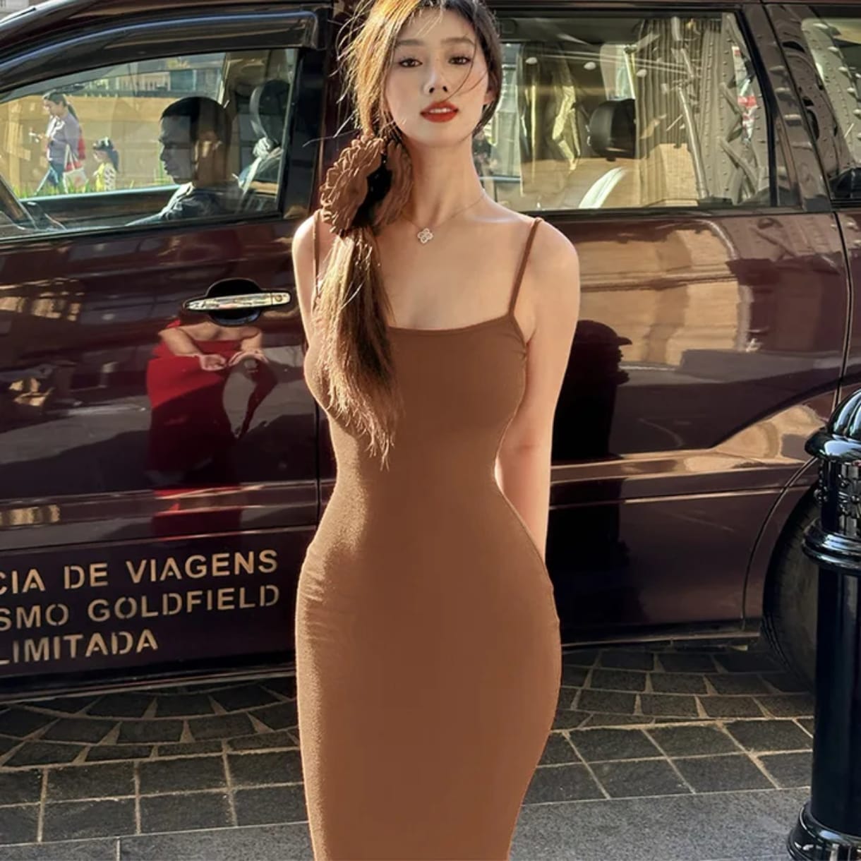 Women’s Solid Color Spaghetti Strap Bodycon Long Dress – Chic & Elegant | THRILL