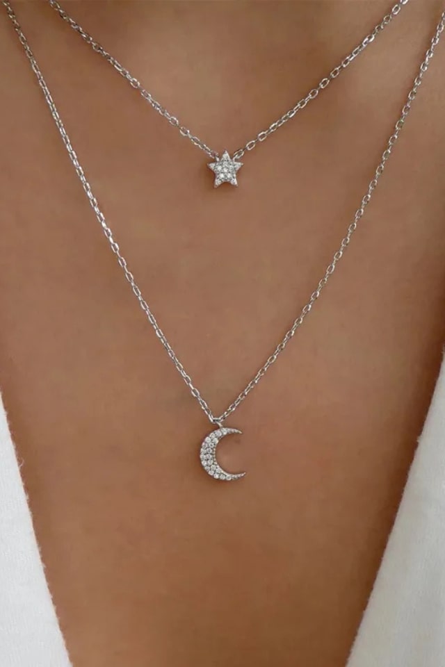 Women’s Moon Star Pendant Necklace – Double-Layer Rhinestone Chain | THRILL