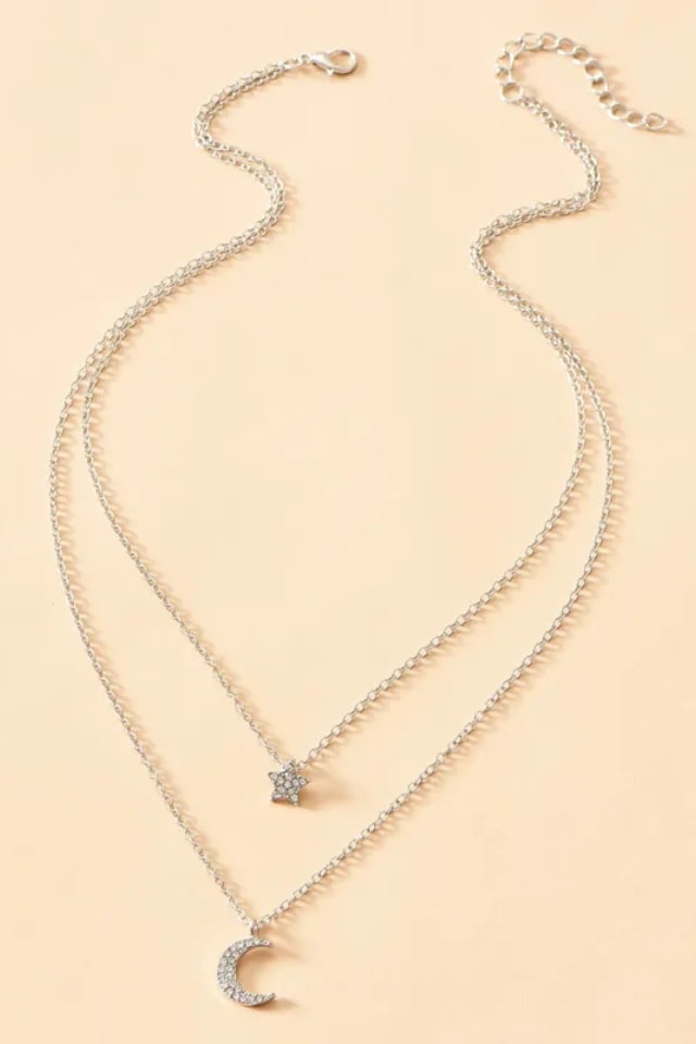 Women’s Moon Star Pendant Necklace – Double-Layer Rhinestone Chain | THRILL