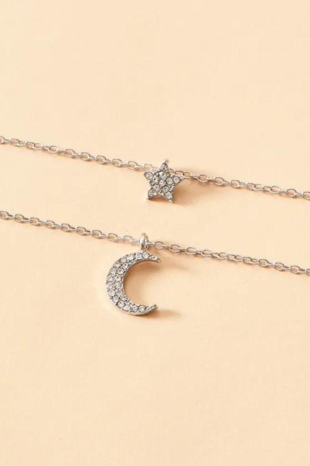 Women’s Moon Star Pendant Necklace – Double-Layer Rhinestone Chain | THRILL