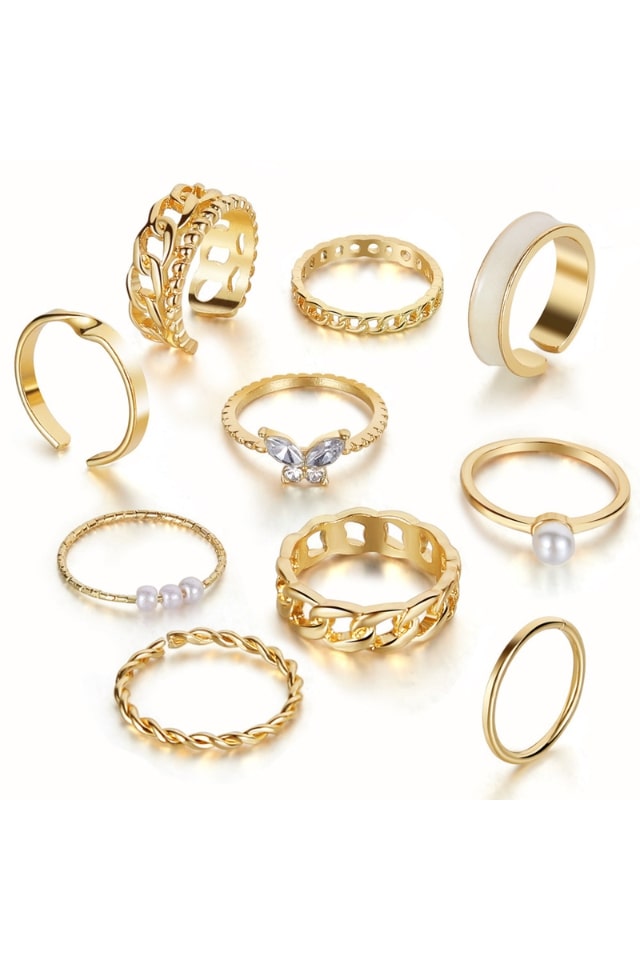 Women’s Geometric Gold Rings – Pearl & Rhinestone Inlay | THRILL