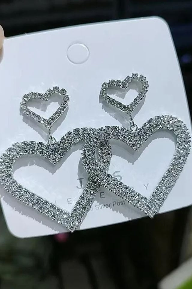 Women’s Heart-Shaped Silver Drop Earrings – Rhinestone Design | THRILL