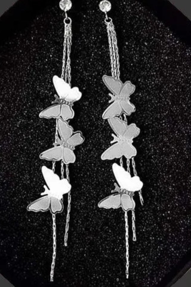 Women’s Silver Three Butterfly Drop Earrings – Inlay Alloy Design | THRILL