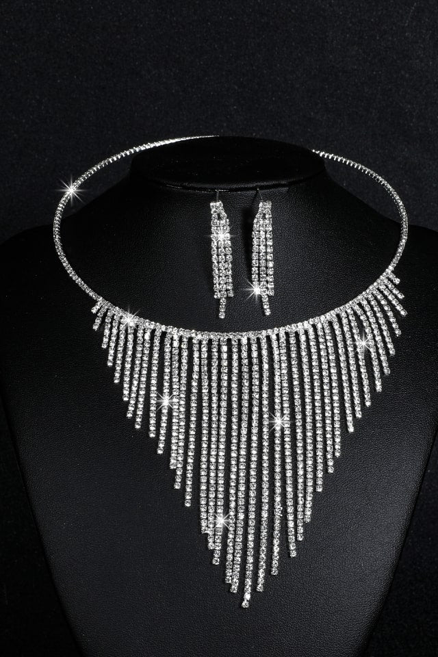 Women’s Silver Tassel Jewelry Set – Rhinestone Inlay Design | THRILL