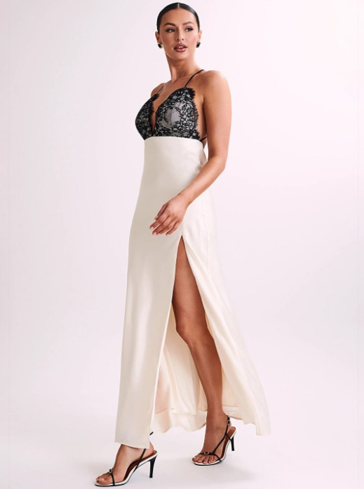 Women’s Satin Lace V-Neck Backless Slit Evening Dress – Elegant & Chic | THRILL