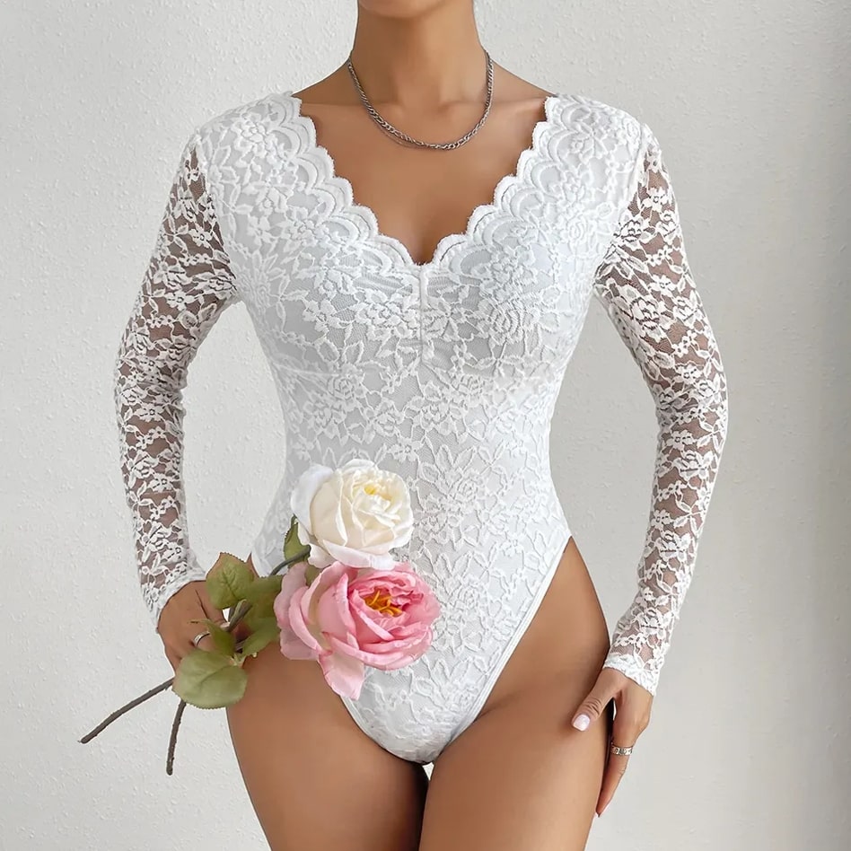 Women’s Lace Bodysuit – V Neck Embroidered One-Piece | THRILL
