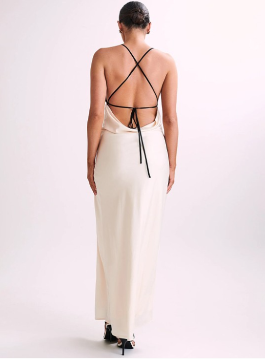 Women’s Satin Lace V-Neck Backless Slit Evening Dress – Elegant & Chic | THRILL