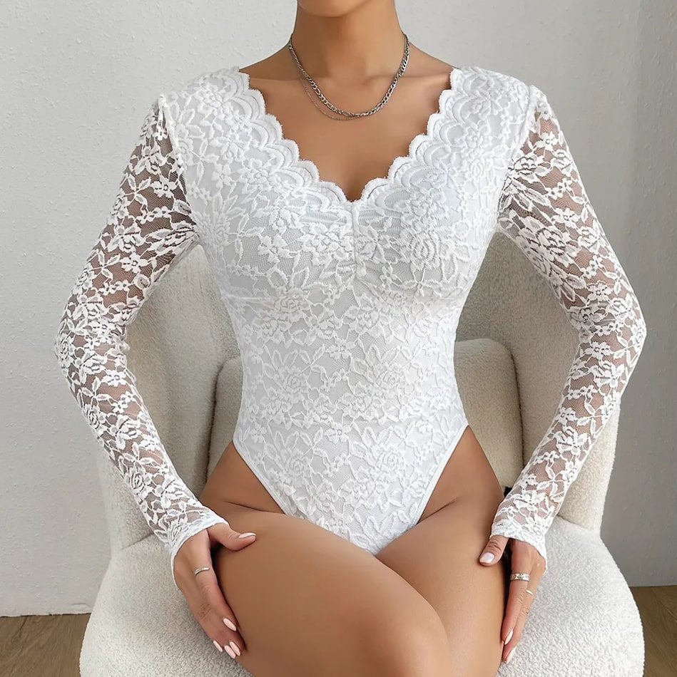Women’s Lace Bodysuit – V Neck Embroidered One-Piece | THRILL