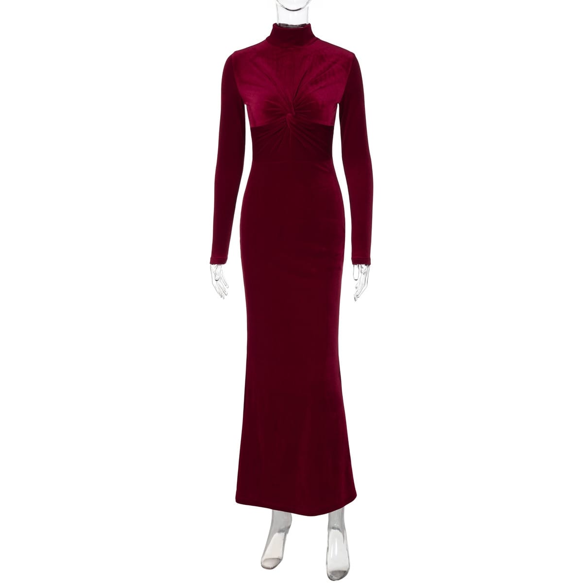 Women’s Velvet Stand-Up Collar Long Sleeve Ruched Long Dress – Elegant | THRILL