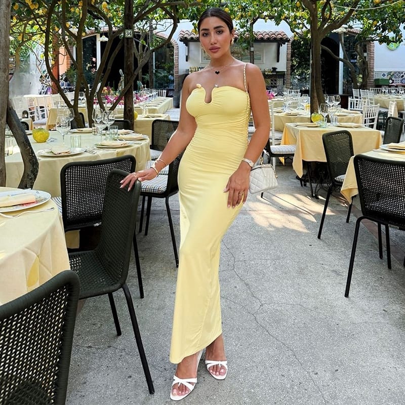 Women’s Strapless Ruched Hollow Out Bodycon Long Dress – Chic & Elegant | THRILL