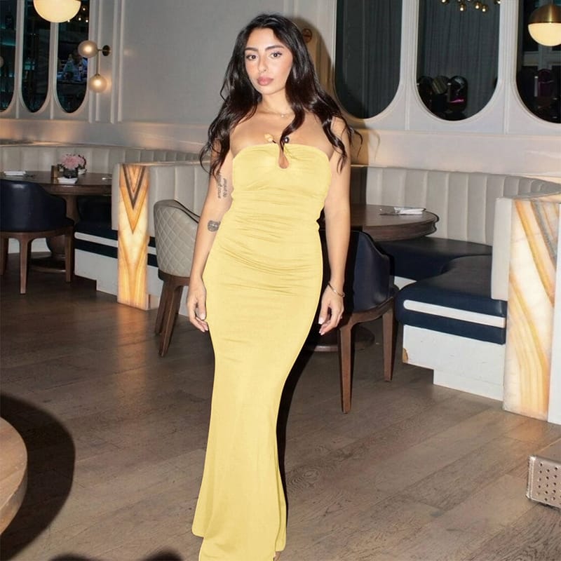 Women’s Strapless Ruched Hollow Out Bodycon Long Dress – Chic & Elegant | THRILL