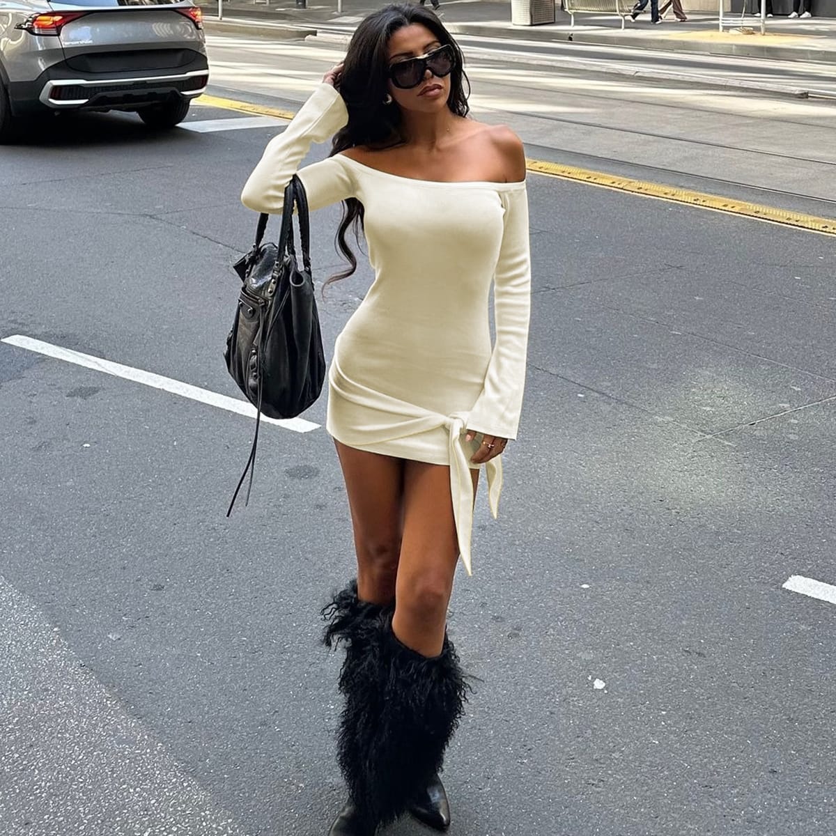 Women’s Off-Shoulder Knitted Long Sleeve Mini Dress – Chic & Cozy | THRILL