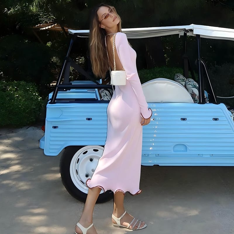 Women’s Backless Slash Collar Long Sleeve Ruffled Long Dress – Elegant | THRILL