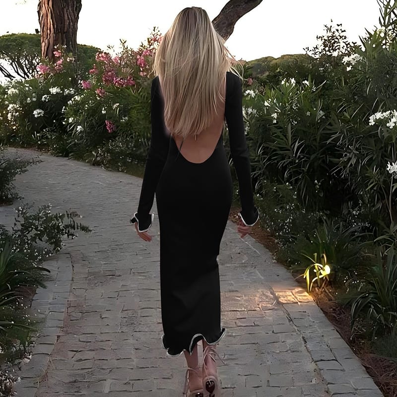 Women’s Backless Slash Collar Long Sleeve Ruffled Long Dress – Elegant | THRILL