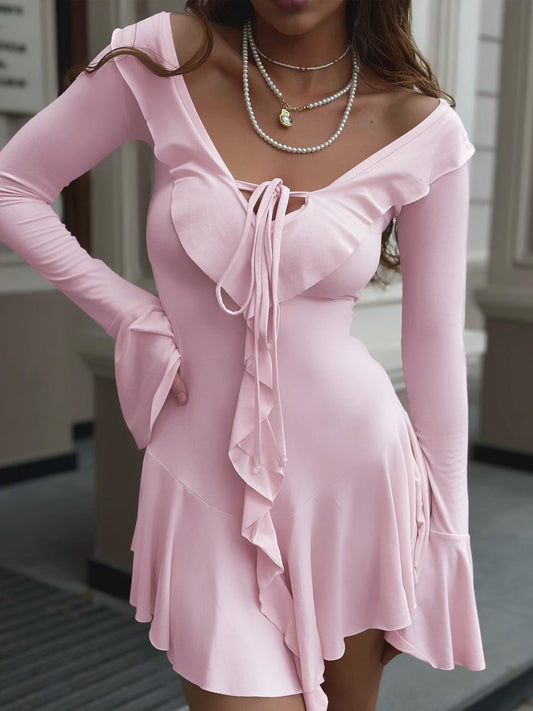 Women’s Ruffled Lace-Up V-Neck Long Sleeve Short Dress – Elegant & Chic | THRILL