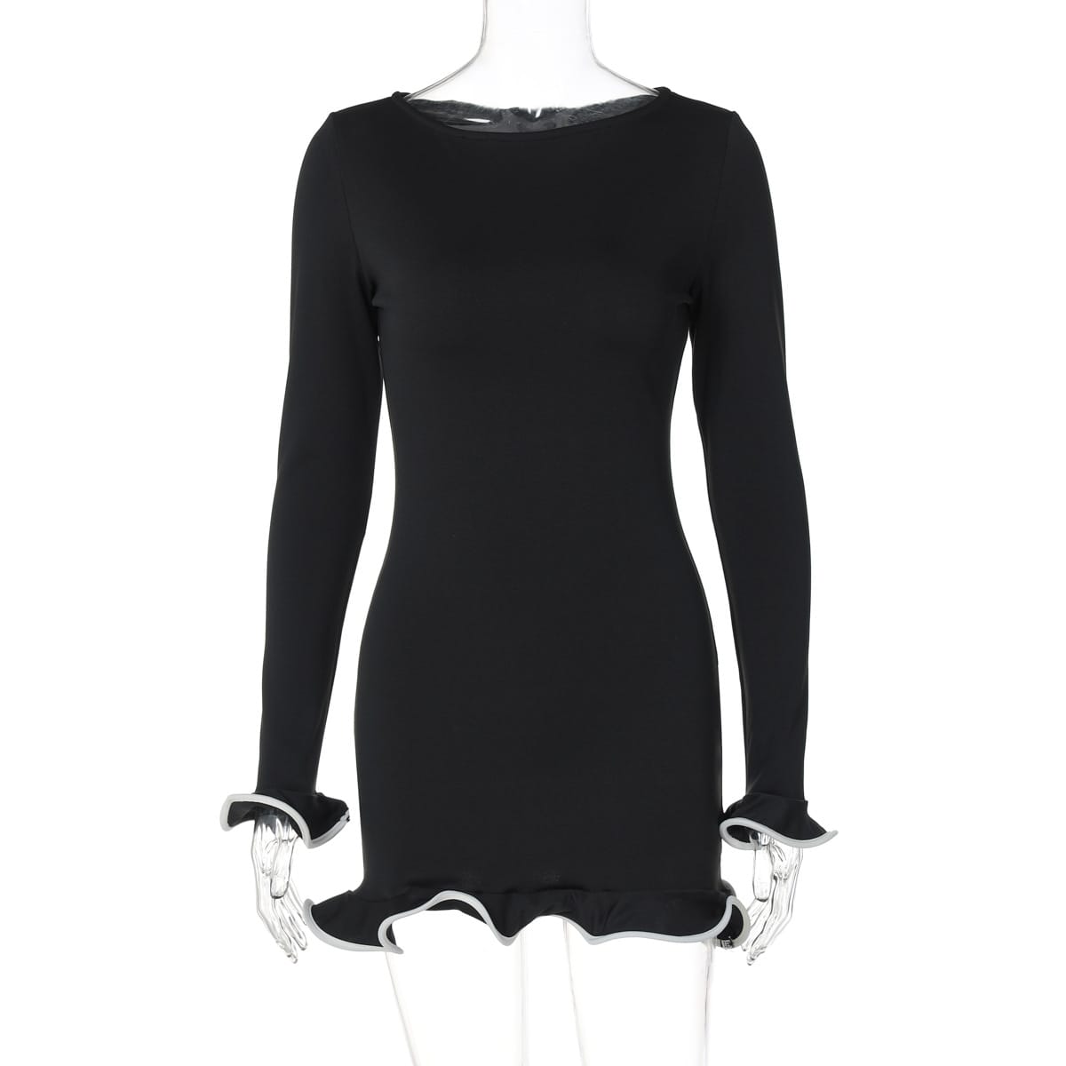 Women’s Ruffled Long Sleeve Ribbed Knit O-Neck Short Dress – Chic & Cozy | THRILL