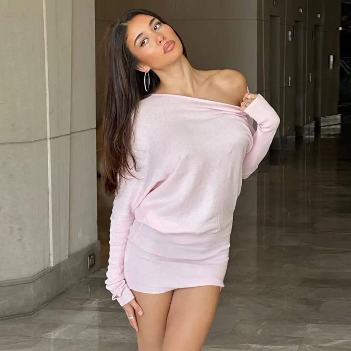 Women’s Skew Collar Long Sleeve Knit Short Dress – Chic & Cozy | THRILL