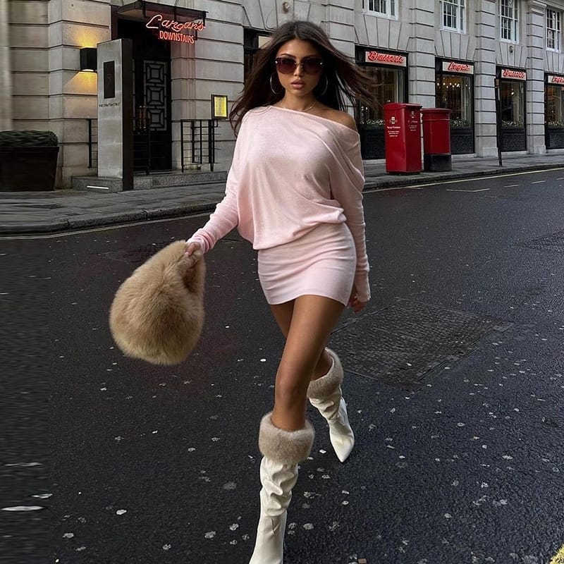 Women’s Skew Collar Long Sleeve Knit Short Dress – Chic & Cozy | THRILL