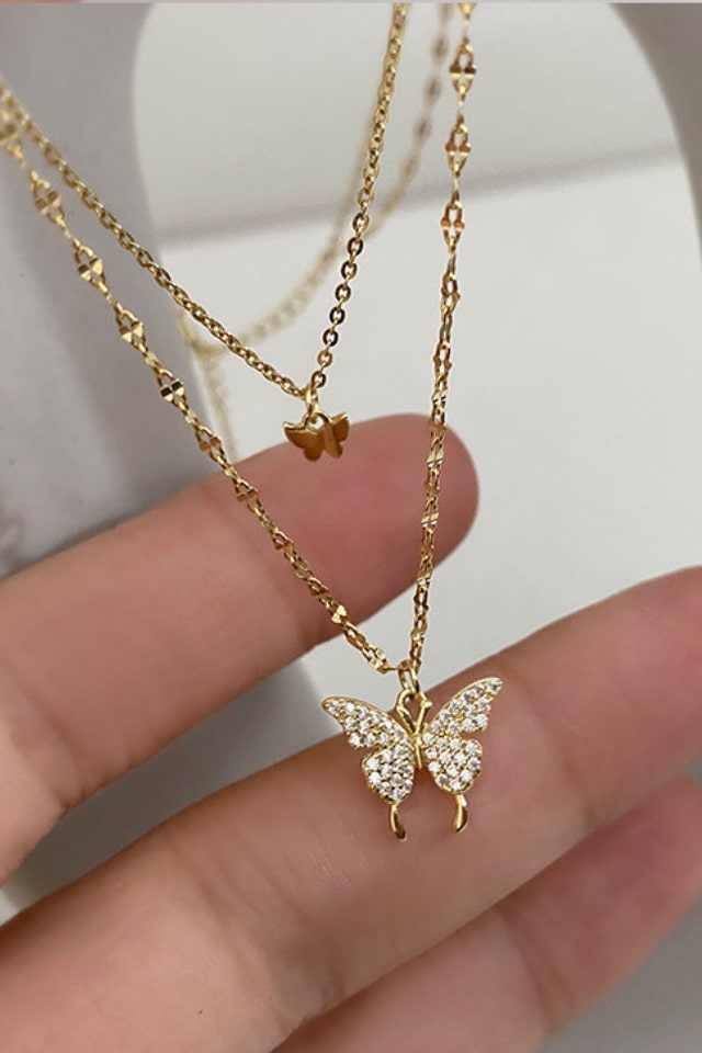 Women’s Butterfly Rhinestone Necklace – Silver & Gold Plating | THRILL