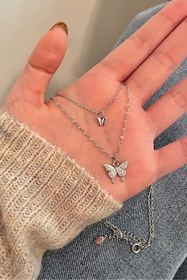 Women’s Butterfly Rhinestone Necklace – Silver & Gold Plating | THRILL