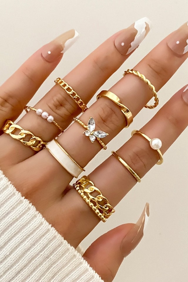 Women’s Geometric Gold Rings – Pearl & Rhinestone Inlay | THRILL