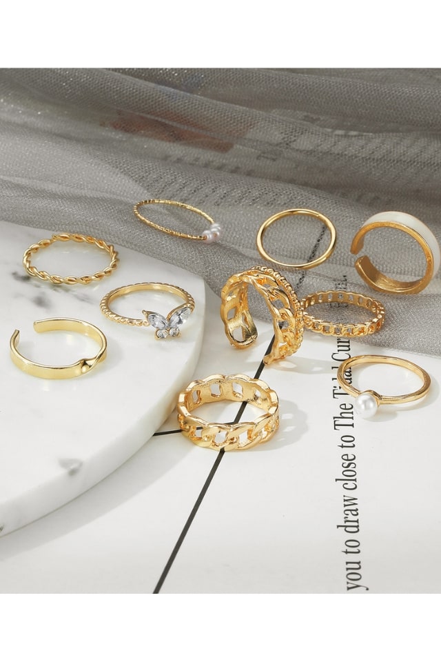 Women’s Geometric Gold Rings – Pearl & Rhinestone Inlay | THRILL