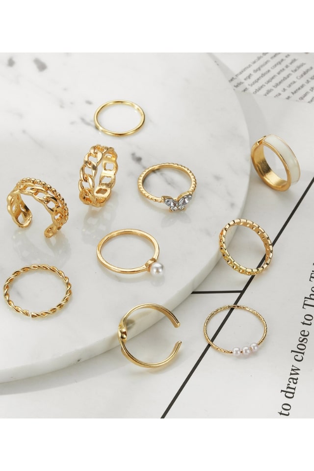 Women’s Geometric Gold Rings – Pearl & Rhinestone Inlay | THRILL