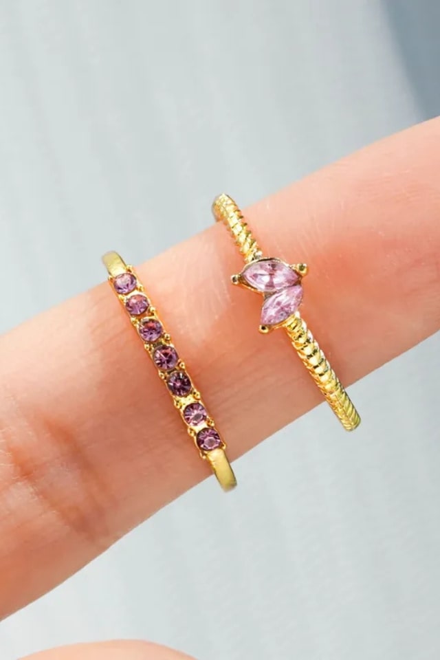 Women’s Purple Zircon Gold Plated Rings – Set of 2 | THRILL