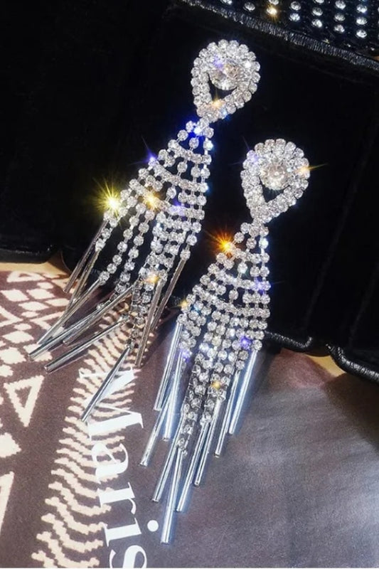 Women’s Silver Tassel Drop Earrings – Rhinestone Design | THRILL