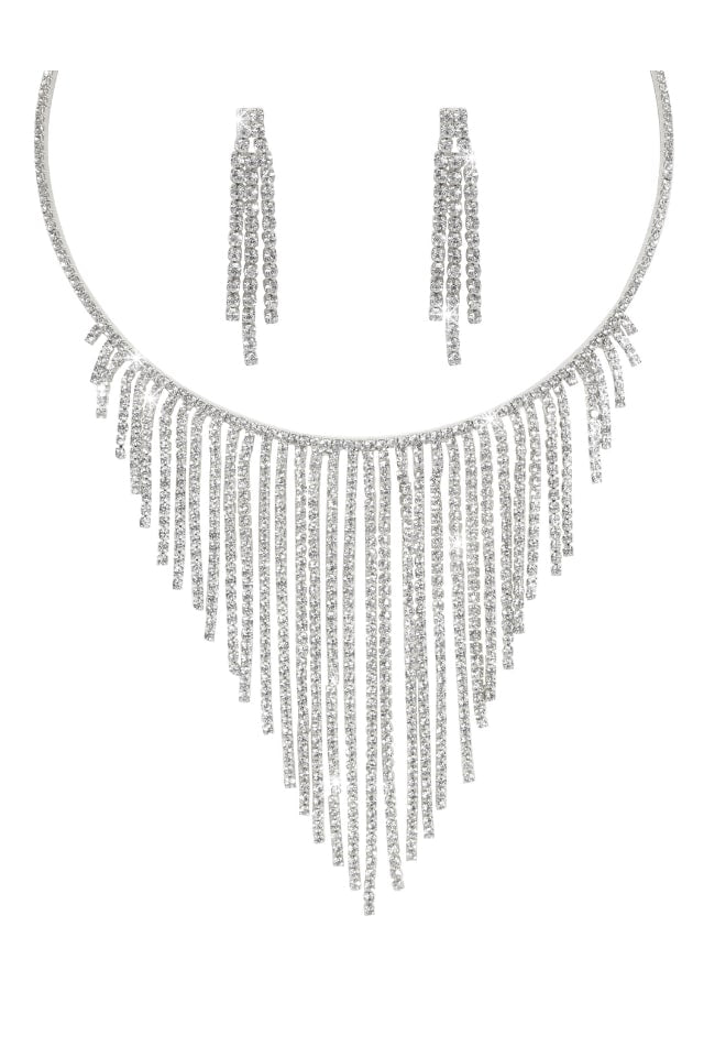 Women’s Silver Tassel Jewelry Set – Rhinestone Inlay Design | THRILL